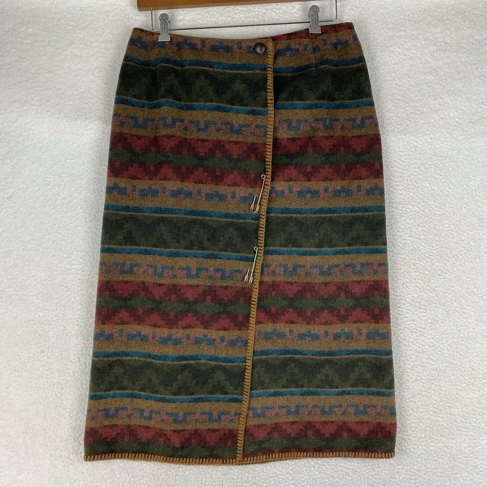 Vtg Field Gear Skirt Women 14 Green Wrap Blanket Wool Blend Southwest Earth Tone